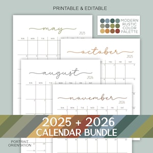 Calendario imprimible y editable 2025 2026 Paquete de calendarios mensuales Calendarios perpetuos Resumen del año académico Calendario rústico moderno
