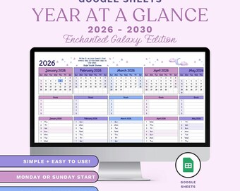 Year at a Glance Google Sheets Calendar | 5-Year Planner (2026–2030) | Enchanted Galaxy Edition