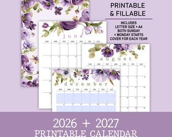 2026-2027 Purple Floral Calendar Bundle: Editable Printable (A4/Letter PDF Digital Download)
