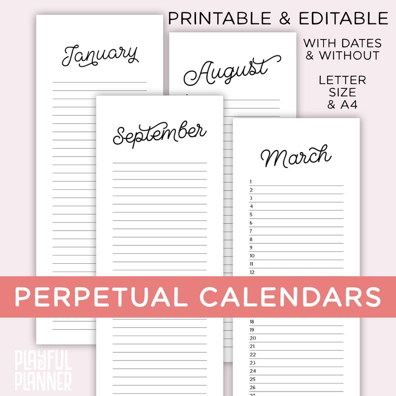 2024 2025 Calendar Bundle Printable Editable Portrait Monthly, Year at a Glance, Academic, and Perpetual Calendars A4 Letter Size BSCP1 image 5