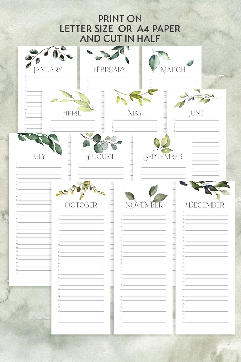 Editable Botanical Printable Perpetual Calendar Watercolor | Etsy Canada
