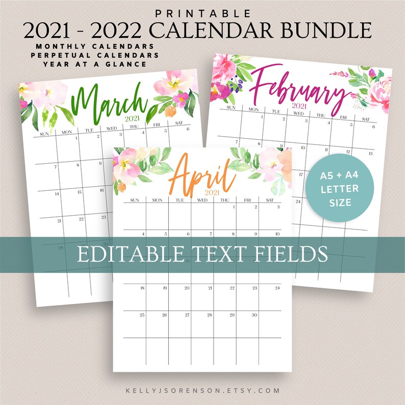 2021 2022 Printable Editable Calendar Bundle Includes Monthly Etsy