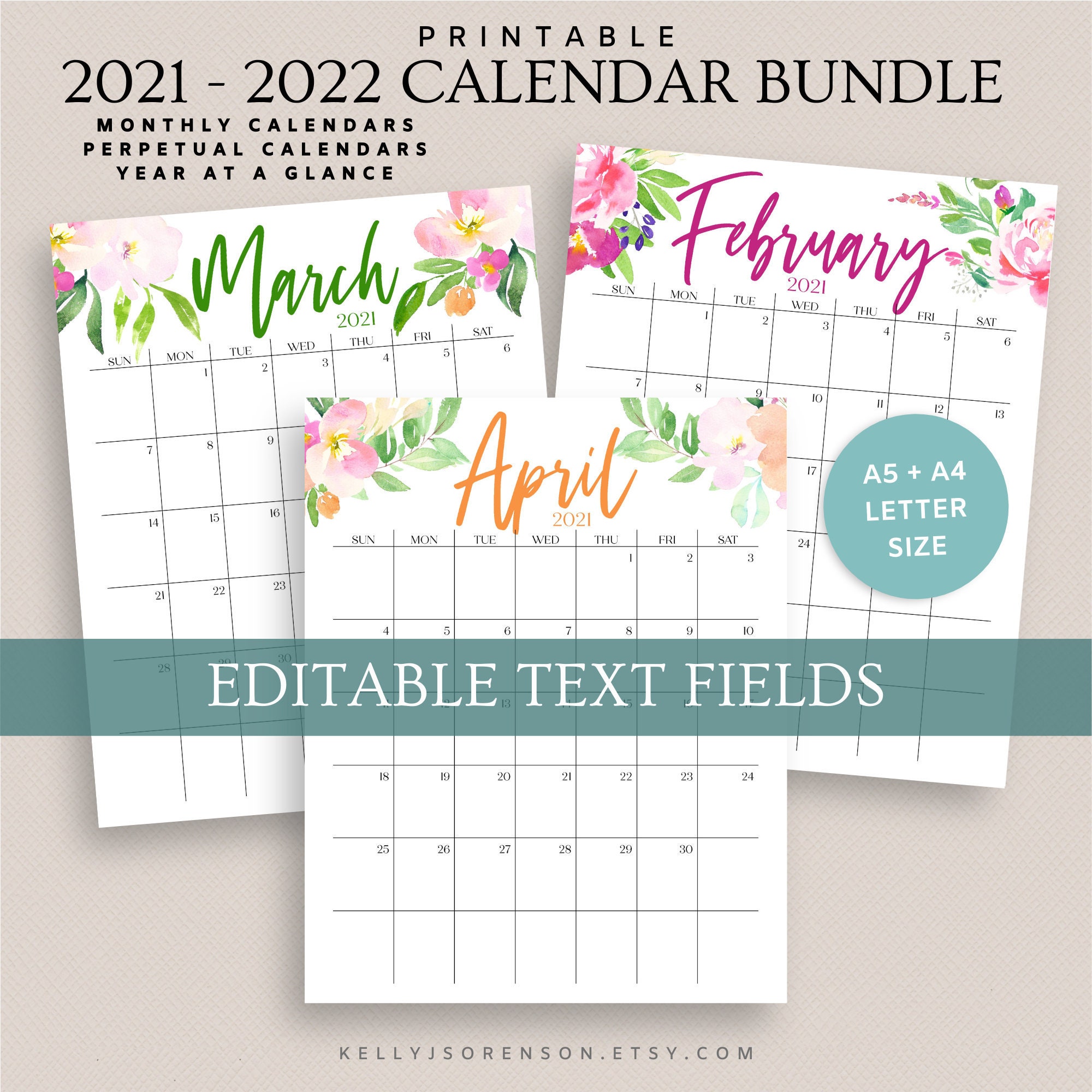 2021 2022 printable editable calendar bundle includes monthly etsy