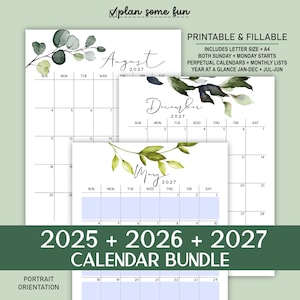 2025-2027 Botanical Calendar Bundle: Printable Monthly & Perpetual Planners (Editable PDF Digital Download A4/Letter Size)