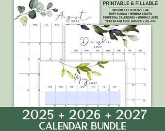 Zestaw kalendarzy botanicznych na lata 2025–2027: Planery miesięczne i wieczne do druku (edytowalny plik PDF do pobrania w formacie A4/Letter)