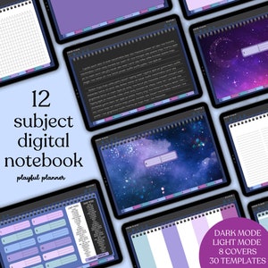 12 Subject Landscape Digital Notebook in Dark Mode & Light Mode with Hyperlinked Tabs, 8 Galaxy Covers, 30 Templates, and 29 PNG Inserts image 1