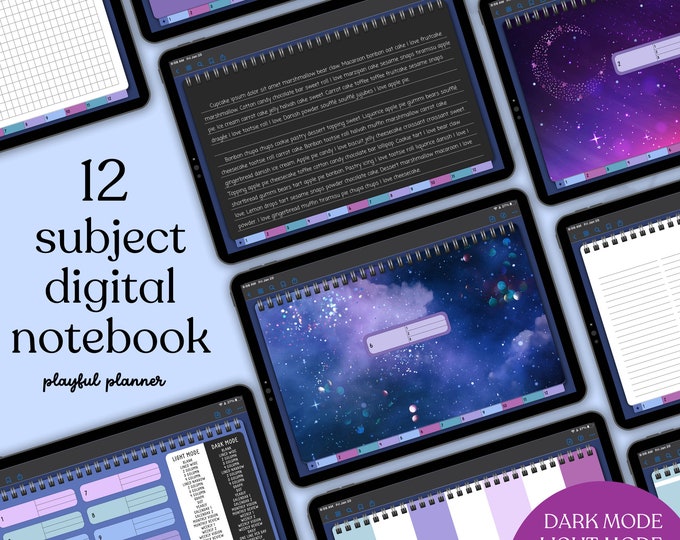 12 Subject Landscape Digital Notebook in Dark Mode & Light Mode with Hyperlinked Tabs, 8 Galaxy Covers, 30 Templates, and 29 PNG Inserts