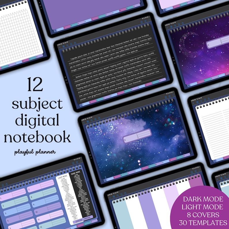 12 Subject Landscape Digital Notebook in Dark Mode & Light Mode with Hyperlinked Tabs, 8 Galaxy Covers, 30 Templates, and 29 PNG Inserts image 1