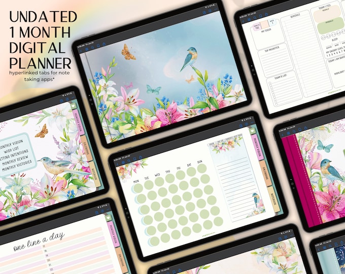 Undated 1 Month Landscape Digital Planner Spring Showers Design Includes 8 Covers, Notebook Section and Sunday + Monday Start Planners