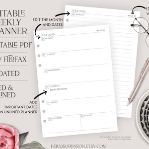 A5 Editable Weekly Planner Insert Printable Lined and Unlined Week on One Page Undated Week at a Glance image 1