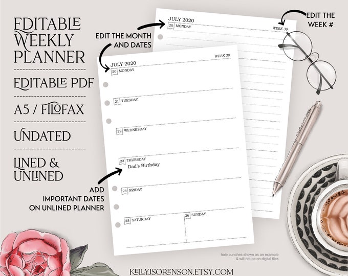 A5 Editable Weekly Planner Insert Printable Lined and Unlined | Week on One Page | Undated Week at a Glance