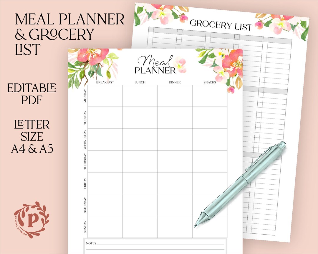 Printable Meal Planner & Grocery List Bundle | Editable PDF | Menu ...