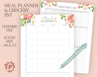 Printable Meal Planner & Grocery List Bundle | Editable PDF | Menu Planner | Sizes A5 A4 and Letter |