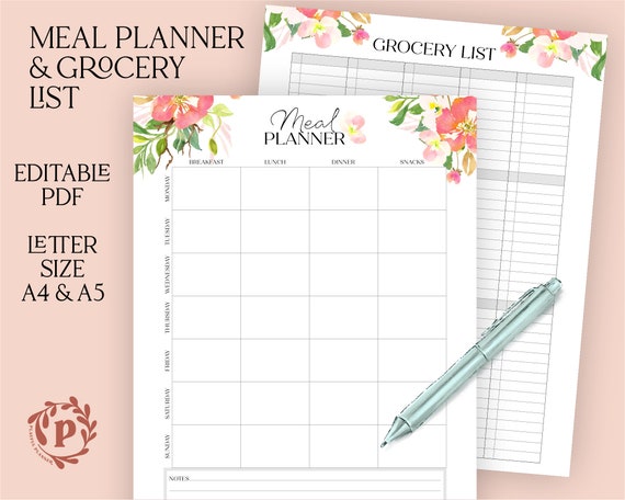 Printable Meal Planner &amp; Grocery List Bundle Editable PDF | Etsy