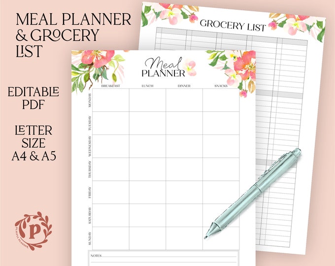 Printable Meal Planner & Grocery List Bundle | Editable PDF | Menu Planner | Sizes A5 A4 and Letter |