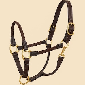 Braided Leather Horse Halter: Havana Brown, Brass Hardware