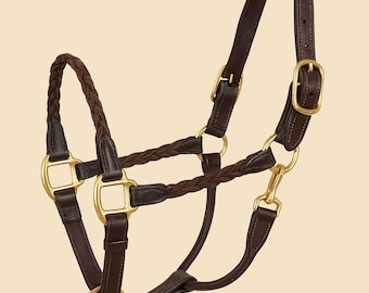 May include: A dark brown leather horse halter with gold-coloured metal fittings. The halter has a braided noseband and cheek pieces. The text "PREMIUM LEATHER HORSE HALTER" is displayed at the top.