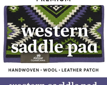Geometric Handwoven Wool Saddle Pad | Black & Green Western Show Blanket | Durable Equestrian Competition Tack