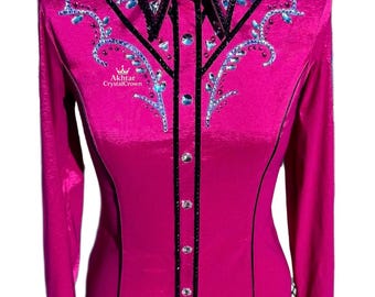 Camisa rosa de exhibición del oeste con tachuelas de cristal, top de reina de rodeo, equitación, exhibición, ropa ecuestre