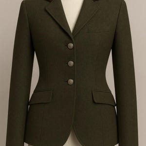 Puede incluir: Una blazer verde oliva con cuello de terciopelo marrón, cierre de tres botones y dos bolsillos delanteros. La chaqueta a medida se exhibe en un maniquí. La blazer tiene un diseño clásico y entallado.