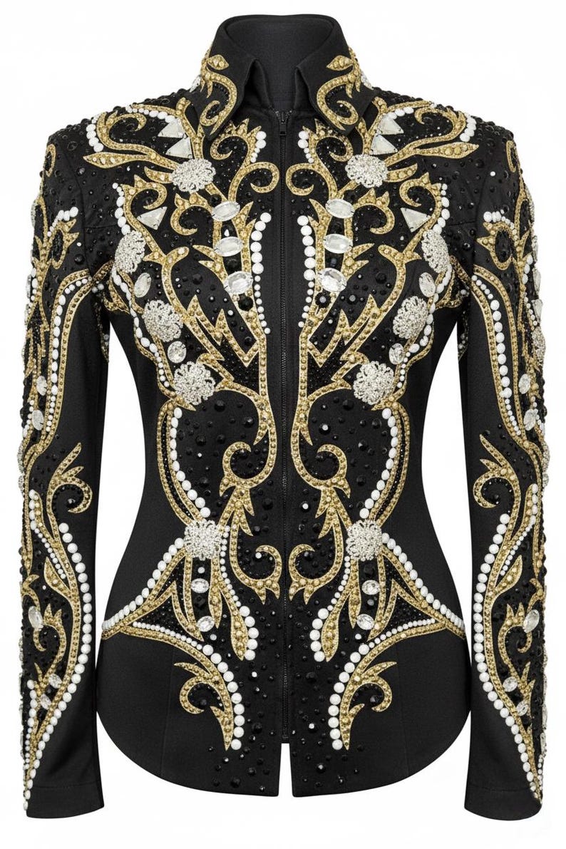 Rhinestone Rodeo Pageant Rhinestone Equestrian Show Jacket: Black and Gold Horsemanship ...