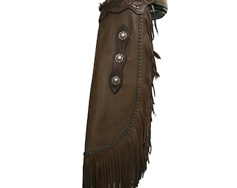 Dunkelbraune Leder Chinks Western Show Chaps Custom Rodeo Fransen Punzierte Gürtel Cowboy Ausrüstung