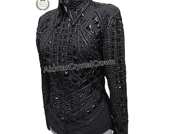 Zwarte western showmanship jas handgemaakte kristallen strass paardensport competitie paardenshow outfit paard:rijden shirt