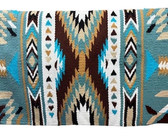 Manta para silla de montar estilo rancho del suroeste, color turquesa y verde azulado, tejida a mano en lana de Nueva Zelanda