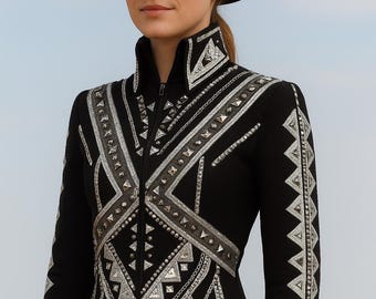 Zwartzilveren western showmanshipjack – handgemaakte outfit voor paardensportcompetitie en paardenshow met kristallen strass