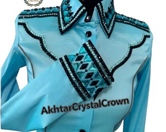 Camisa vaquera azul turquesa para espectáculos hípicos, reina del rodeo, vaquera y competición.