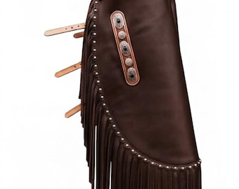 Hand-Tooled Chaps Brown Leather Fringed Western Chaps with Conchos - Rodeo Cowboy Riding Gear