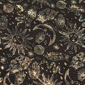 May include: Black fabric with a gold celestial pattern featuring suns, moons, stars, planets, snakes, and hands with eyes. The design has a mystical and astrological theme.