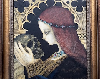 May include: A framed painting depicts a woman with red hair and a jeweled headband cradling a skull. The woman wears a black dress with gold detailing. The background features a gothic arch design in gold.
