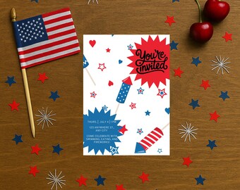 Inbjudan till 4 juli-fest, digital inbjudan, inbjudningsmall, inbjudan till självständighetsdagen, redigerbar inbjudningsmall, patriotisk inbjudan, fest
