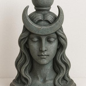 May include: A gray sculpture of a woman's face with closed eyes, long wavy hair, and a crescent moon headdress. The sculpture has a candle holder on top and a round base. The overall design is reminiscent of classical art.