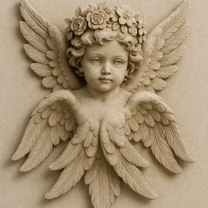 Puede incluir: Escultura en relieve beige de un querubín con alas de plumas detalladas y una corona floral. La cara del querubín es serena y las alas están extendidas. La escultura está montada sobre un fondo beige texturizado.