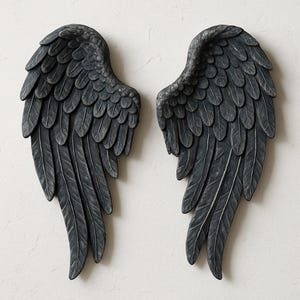 Könnte beinhalten: Zwei dunkelgraue, strukturierte Wand-Engelsflügel. Die Flügel sind mit einzelnen Federn detailliert und haben ein verwittertes Aussehen. Die Flügel sind symmetrisch und als Paar zur Präsentation konzipiert.