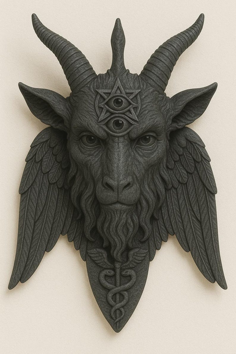 May include: A dark gray sculpture of a horned goat head with wings, a pentagram with an eye, and a caduceus symbol. The goat has a long beard and detailed feather-like wings. The sculpture is a detailed, three-dimensional piece.