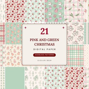 Carta digitale natalizia rosa e verde, 21 motivi senza soluzione di continuità, motivo Schiaccianoci Toile, carta da regalo con omini di pan di zenzero, scrapbooking, download digitale