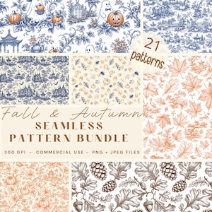 May include: A digital collection of 21 seamless patterns featuring fall and autumn themes. The designs include blue and white toile-style illustrations of ghosts, pumpkins, haunted houses, maple leaves, oak leaves, acorns, and pinecones on white backgrounds.