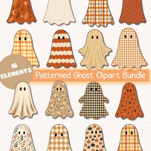 Könnte beinhalten: Eine Sammlung von 16 Geisterillustrationen mit verschiedenen Mustern wie Karos, Streifen, Punkten, Blumen, Sternen und Kürbissen in Orange-, Creme- und Brauntönen. Der Text 16 ELEMENTS Patterned Ghost Clipart Bundle ist sichtbar.