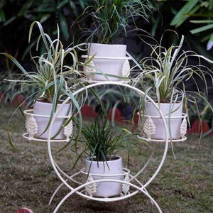 Wrought Iron 4 Pot Plant Stand – Indoor Outdoor Planter Holder – Balcony Garden Metal Plant Rack – Modern Rustic Home Decor Gift