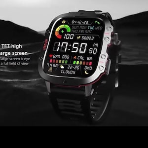 May include: Black smartwatch with a 1.96-inch high-definition screen. The watch displays the date, time, and health metrics. It has a black band and a red and silver bezel. The screen shows the text "CLOUDY".