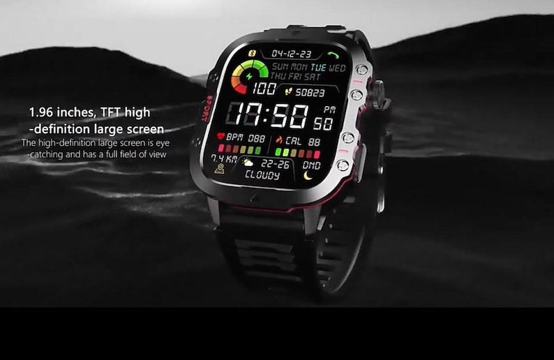 May include: Black smartwatch with a 1.96-inch high-definition screen. The watch displays the date, time, and health metrics. It has a black band and a red and silver bezel. The screen shows the text "CLOUDY".
