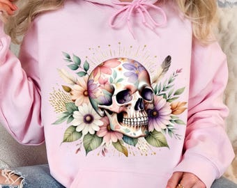 Floral Skull PNG: Boho Watercolor Sublimation Design (Digital Download
