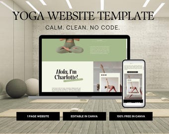 Yoga Website Template Canva | 1 Page Wellness Website | Mindfulness Coach Website |Calm Green Yoga Website | Editable Canva Site