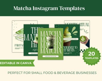 Matcha Cafe Instagram Personalised Templates Canva, 20 Aesthetic Social Media Posts for Cafés & Coffee Shops, Minimalist Green Brand Kit
