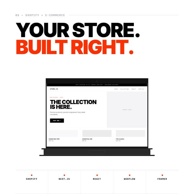 May include: A digital display showing a website interface on a laptop screen with the text YOUR STORE. BUILT RIGHT. at the top. The website features the headline THE COLLECTION IS HERE. and navigation menus. Below the screen are the labels SHOPIFY, NEXT.JS, REACT, WEBFLOW, and FRAMER.