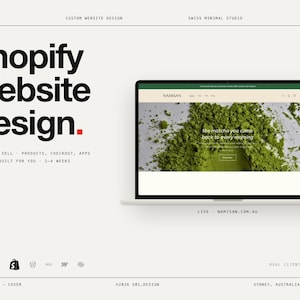 Pode incluir: Uma exibição digital de um design de site Shopify com o texto Shopify Website Design e uma tela de laptop mostrando uma página inicial da marca Namisan com um fundo de pó de matcha verde e o texto the matcha you come back to every morning.