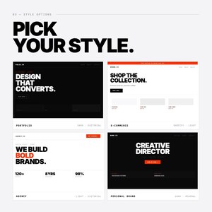 May include: A graphic display titled PICK YOUR STYLE featuring four website layout options. The designs include black and white themes with text such as DESIGN THAT CONVERTS, SHOP THE COLLECTION, WE BUILD BOLD BRANDS, and CREATIVE DIRECTOR with red accents.